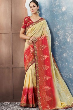 Admirable Biege and Red Silk Embroidered Designer Saree