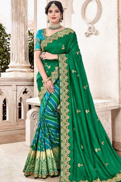 Beautiful Green Silk Embroidered Wedding Saree With Banglori Silk Blouse