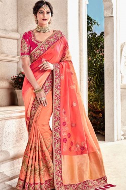 Desirable Peach Silk Embroidered Wedding Saree With Banglori Silk Blouse