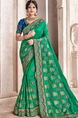 Excellent Green Silk Embroidered Wedding Saree With Banglori Silk Blouse