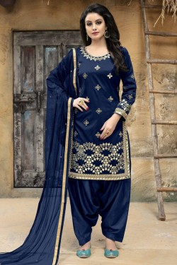 Stylish Navy Blue Silk Embroidered Patiala Salwar Suit With Net Dupatta