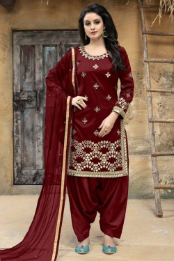Excellent Maroon Silk Embroidered Patiala Salwar Suit With Net Dupatta