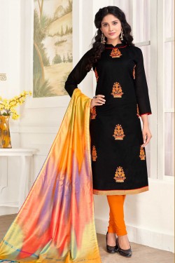 Admirable Black Cotton Embroidered Work Casual Salwar Suit