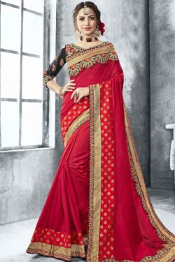 Stylish Red Georgette Embroidered Designer Saree