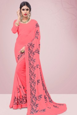 Excellent Pink Chiffon Embroidered Casual Saree