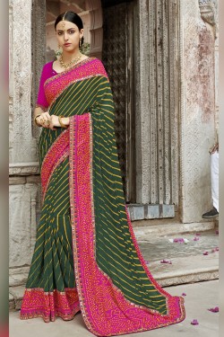 Beautiful Green Georgette Embroidered Party Wear Saree