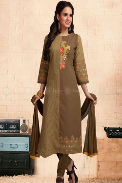 Admirable Chikoo and Beige Cotton Embroidered Work Salwar Suit With Chiffon Dupatta