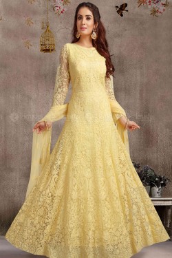 Charming Yellow Net Embroidered Work Anarkali Salwar Suit With Net Dupatta