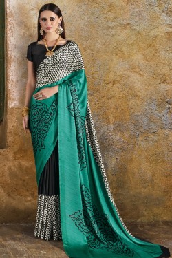 Lovely Teal Crepe and Satin Printed Casual Saree