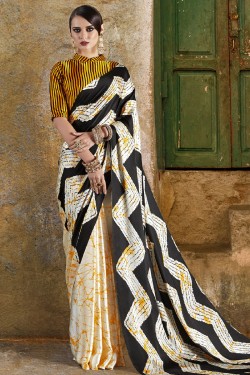 Graceful Off White and Yellow Crepe and Satin Printed Casual Saree