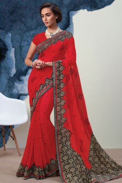 Gorgeous Red Georgette Printed Casual Saree