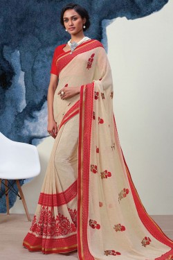 Lovely Beige Georgette Printed Casual Saree