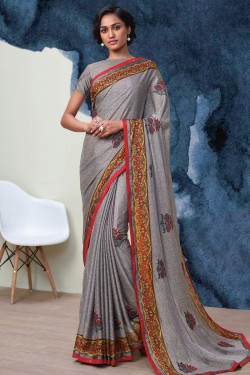 Admirable Grey Georgette Printed Casual Saree