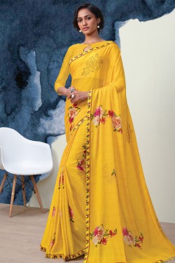 Graceful Yellow Georgette Printed Casual Saree