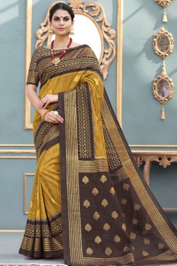 Admirable Mustard Bhagalpuri Silk Printed Designer Saree
