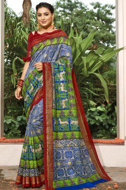 Classic Blue and Green Bhagalpuri Silk Printed Designer Saree