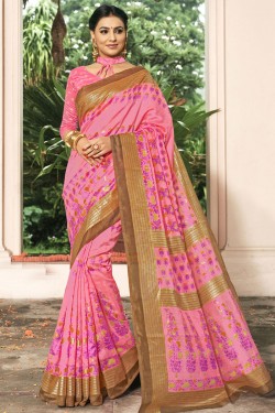 Charming Pink Bhagalpuri Silk Printed Designer Saree