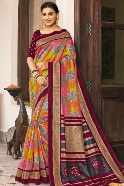 Graceful Maroon Bhagalpuri Silk Printed Designer Saree