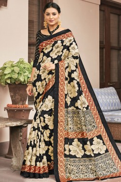 Stylish Black and Cream Bhagalpuri Silk Printed Designer Saree