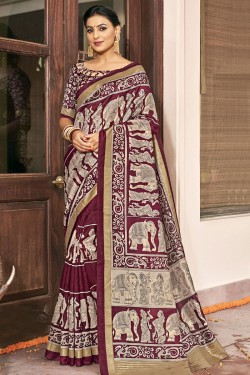 Supreme Maroon Bhagalpuri Silk Printed Designer Saree