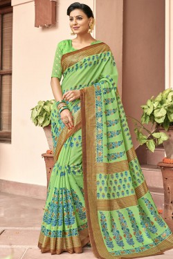 Ultimate Green Bhagalpuri Silk Printed Designer Saree