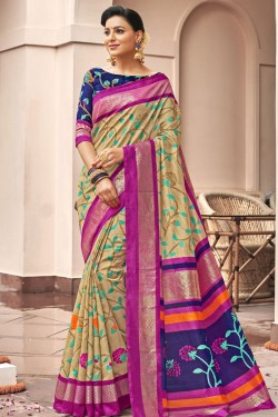 Lovely Beige Bhagalpuri Silk Printed Designer Saree