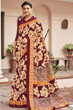 Stylish Maroon Bhagalpuri Silk Printed Designer Saree