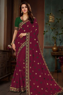Pretty Maroon Silk Embroidered Designer Saree With Banglori Silk Blouse