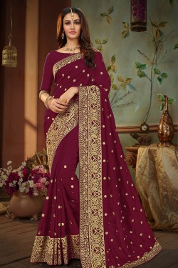 Ultimate Maroon Silk Embroidered Designer Saree With Banglori Silk Blouse
