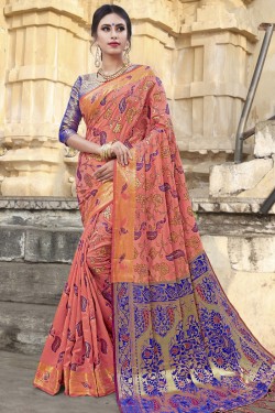 Lovely Peach Chanderi and Silk Jaquard Work Party Wear Saree