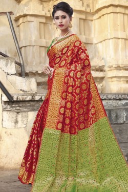 Charming Red Chanderi and Silk Jaquard Work Party Wear Saree