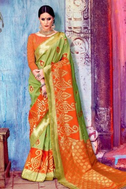 Beautiful Green Banarasi Silk Jaquard Work Silk Saree With Banarasi Silk Blouse