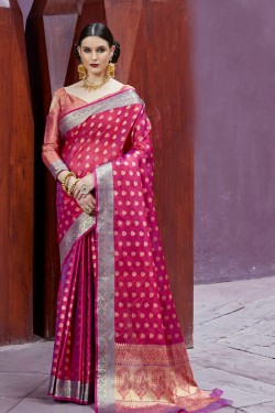 Charming Pink Jaquard Work Silk Saree With Silk Blouse