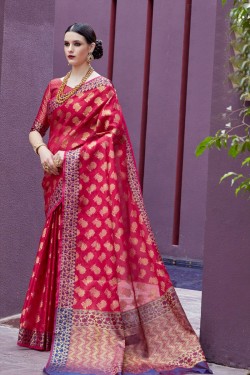 Beautiful Red Jaquard Work Silk Saree With Silk Blouse