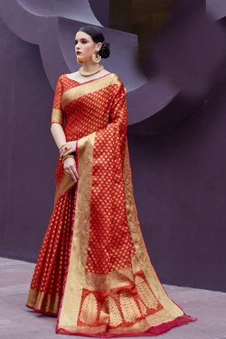 Desirable Orange Jaquard Work Silk Saree With Silk Blouse
