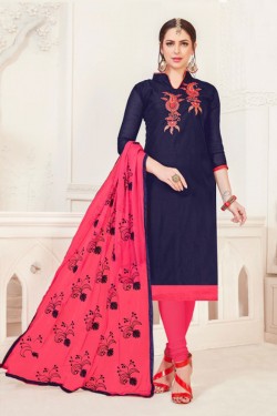 Classic Navy Blue Silk Embroidered Casual Salwar Suit With Net Dupatta
