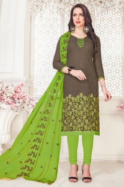 Beautiful Grey Cotton Embroidered Casual Salwar Suit With Nazmin Dupatta