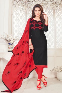 Pretty Black Cotton Embroidered Casual Salwar Suit With Nazmin Dupatta
