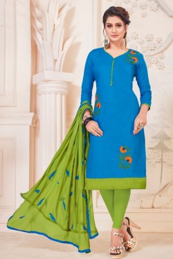 Admirable Sky Blue Cotton Embroidered Casual Salwar Suit With Nazmin Dupatta