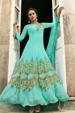 Admirable Turquoise Embroidered Designer Anarkali Salwar Suit With Chiffon Dupatta