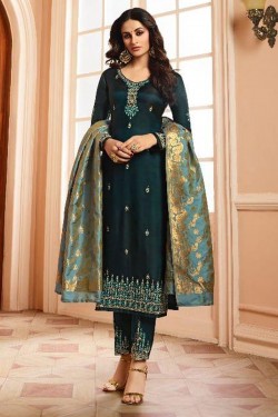 Ultimate Teal Embroidered Designer Salwar Suit With Straight Pant Bottom