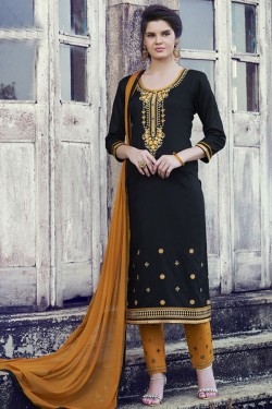 Charming Black Cotton Embroidered Casual Salwar Suit With Nazmin Dupatta