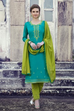 Beautiful Teal Cotton Embroidered Casual Salwar Suit With Nazmin Dupatta