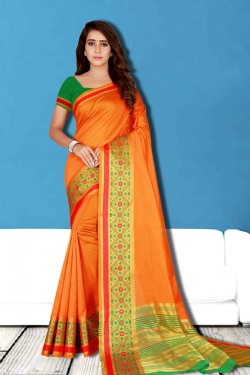 Stylish Orange Cotton Silk Jaquard Work Silk Saree With Cotton Silk Blouse