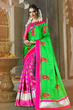 Lovely Green and Magenta Silk and Jacquard Embroidered Party Wear Saree With Dhupion Blouse