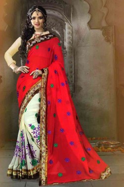Stylish Red Georgette Embroidered Party Wear Saree With Dhupion Blouse