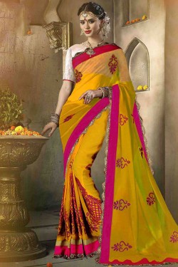 Beautiful Mustard Georgette Embroidered Party Wear Saree With Dhupion Blouse