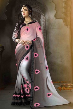 Ultimate Black, White and Pink Georgette Embroidered Party Wear Saree With Dhupion Blouse