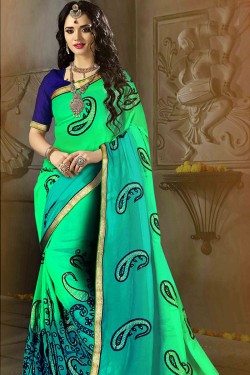 Supreme Green Weightless Fabric Embroidered Party Wear Saree With Dhupion Blouse