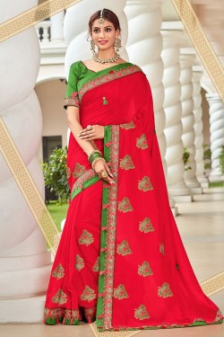 Classic Red Art Silk Embroidered Silk Saree With Art Silk Blouse
